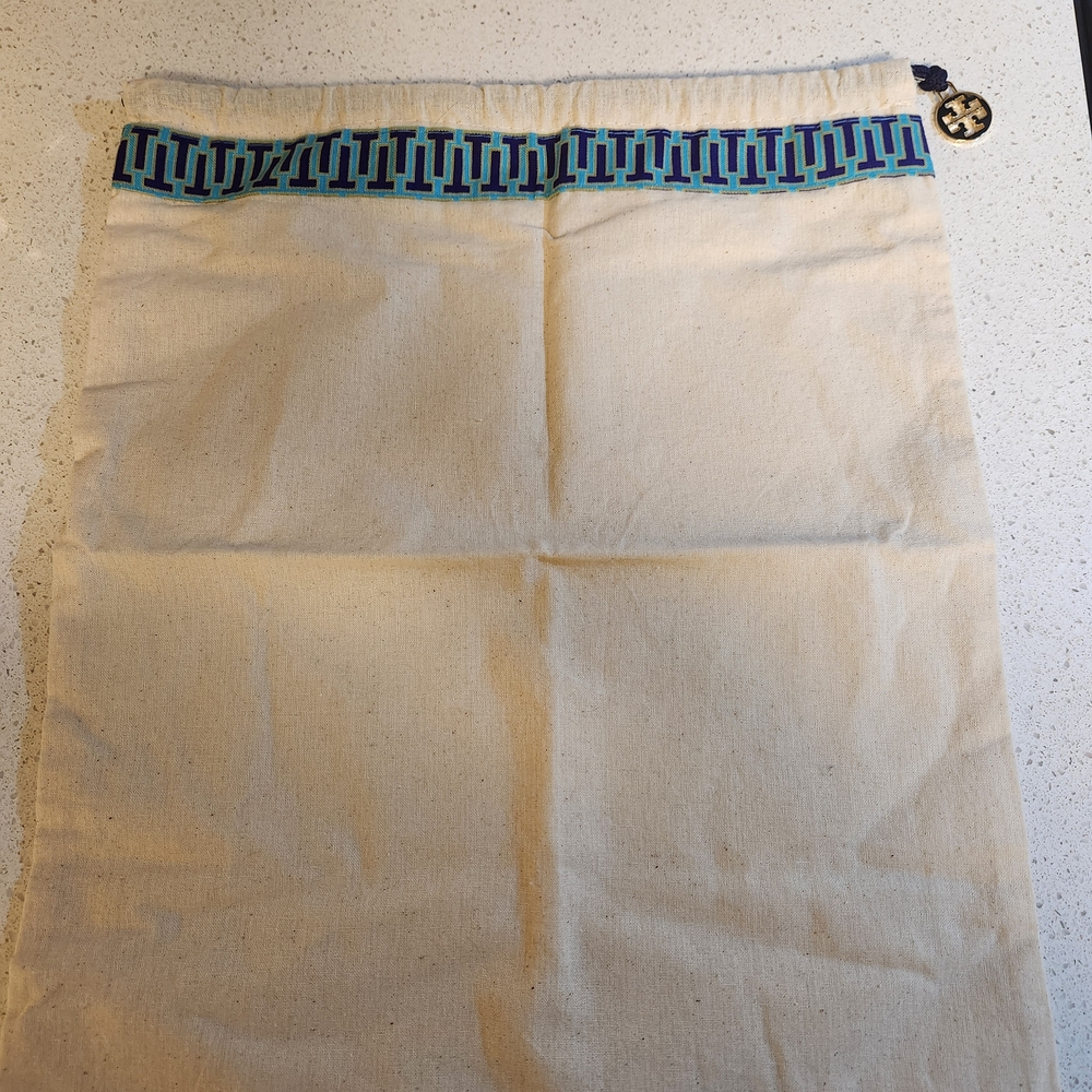 Tory Burch Canvas Drawstring Dust Bag in Cream with Blue Trim